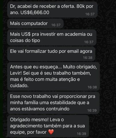 Mensagem de Aluno do Dev na Gringa relatando o resultado no Dev na Gringa