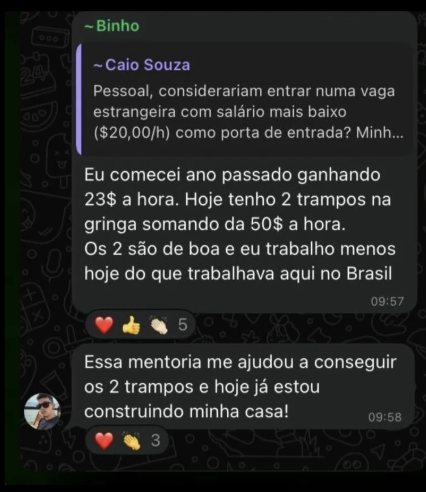 Mensagem de Binho relatando o resultado no Dev na Gringa