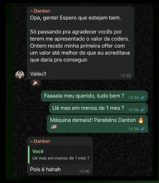 Mensagem de Danton relatando o resultado no Dev na Gringa