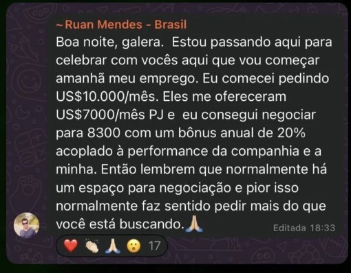 Mensagem de Ruan Mendes relatando o resultado no Dev na Gringa