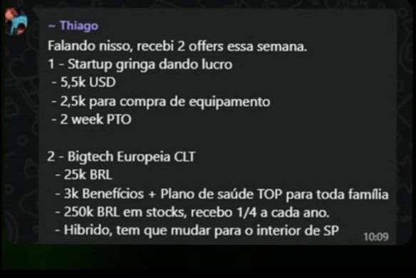 Mensagem de Thiago relatando o resultado no Dev na Gringa